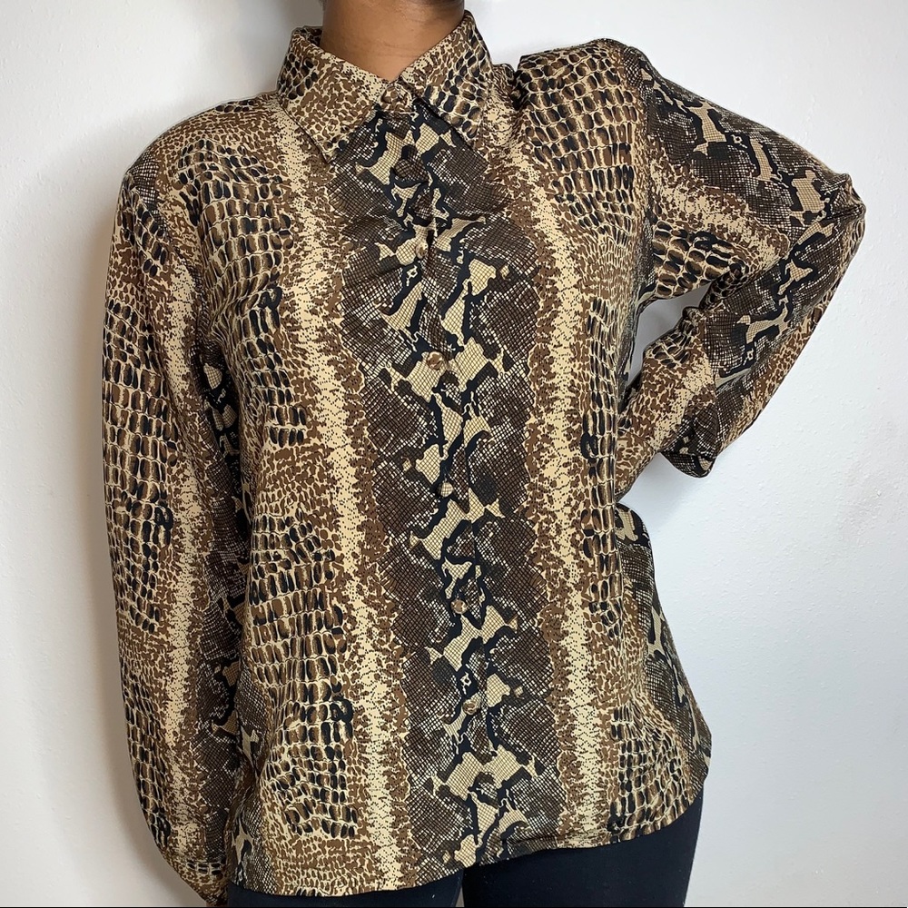 Vintage Unisex Snake Print Satin Button Up